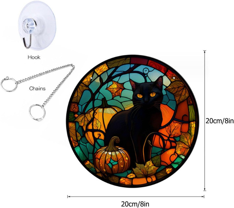 Halloween Window Hanging Suncatcher With Black Cat & Ghost Design For Home & Cafe Decor, 8in