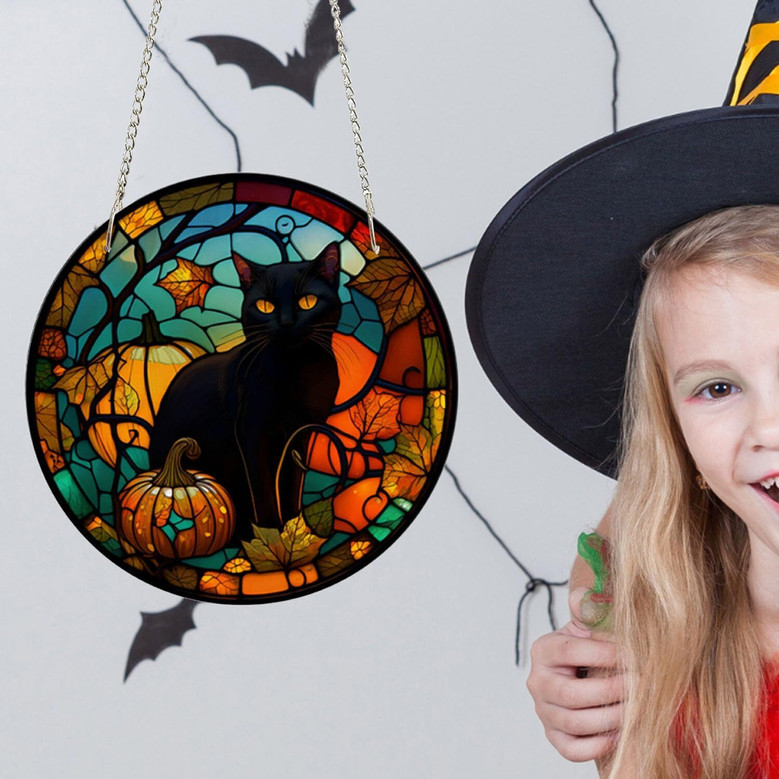 Halloween Window Hanging Suncatcher With Black Cat & Ghost Design For Home & Cafe Decor, 8in