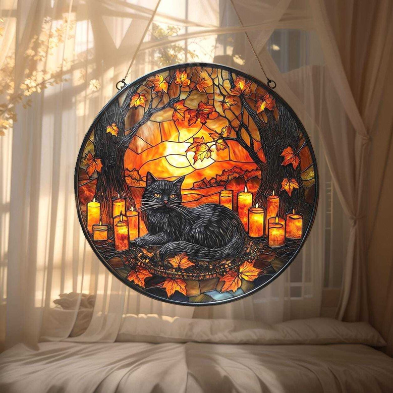 Halloween Black Cat Suncatcher In Cozy Forest Style - Fall Window Decor With Candles And Leaves