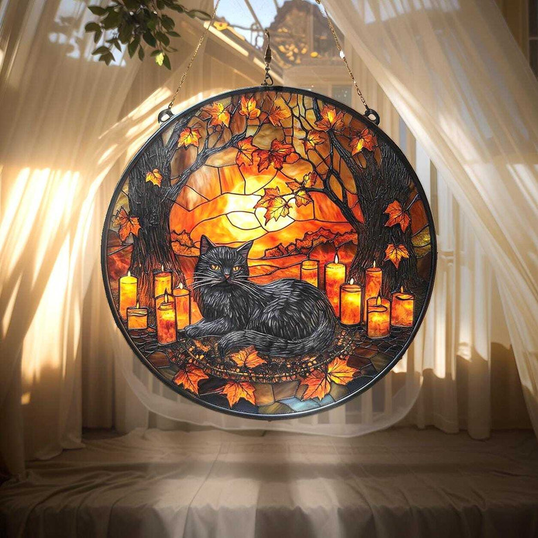 Halloween Black Cat Suncatcher In Cozy Forest Style - Fall Window Decor With Candles And Leaves