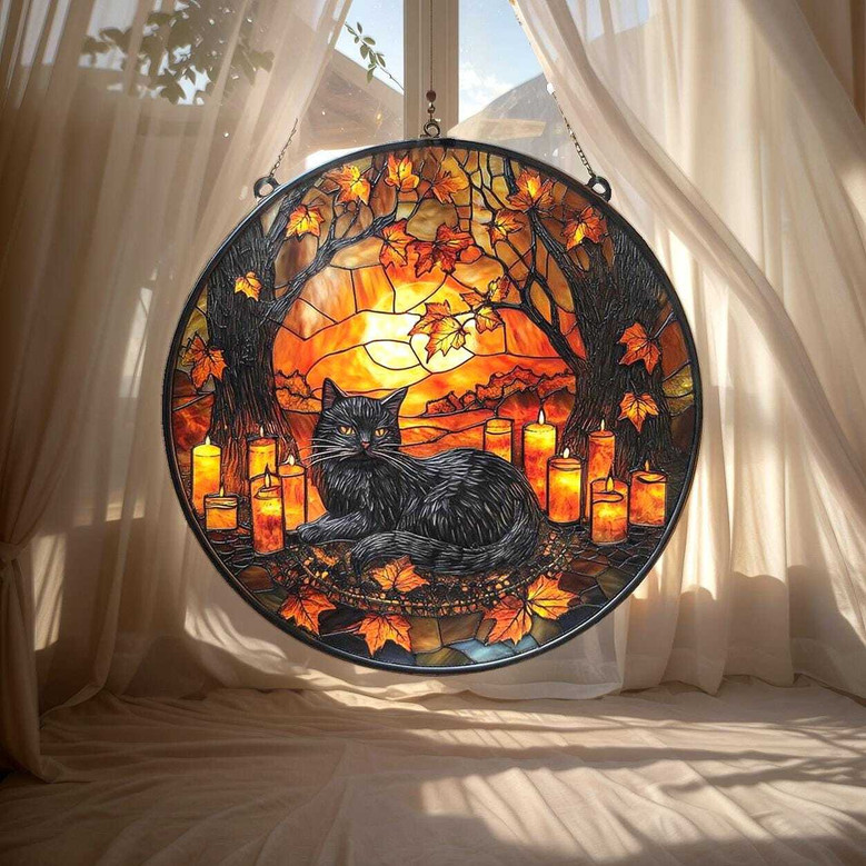 Halloween Black Cat Suncatcher In Cozy Forest Style - Fall Window Decor With Candles And Leaves