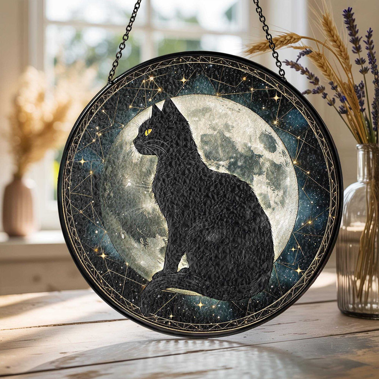 Black Cat Stained Glass Suncatcher - Halloween Decor For Cat Lovers With Moon, Accent For Window Or Indoor