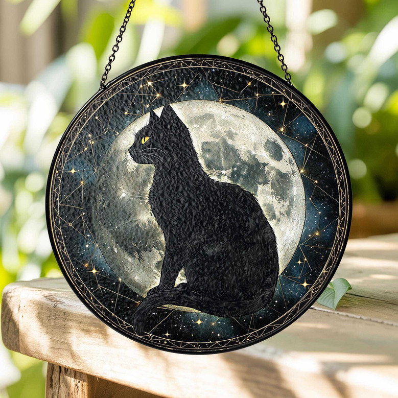 Black Cat Stained Glass Suncatcher - Halloween Decor For Cat Lovers With Moon, Accent For Window Or Indoor