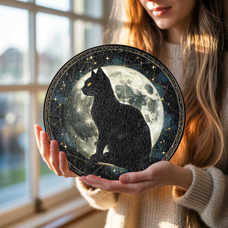 Black Cat Stained Glass Suncatcher - Halloween Decor For Cat Lovers With Moon, Accent For Window Or Indoor