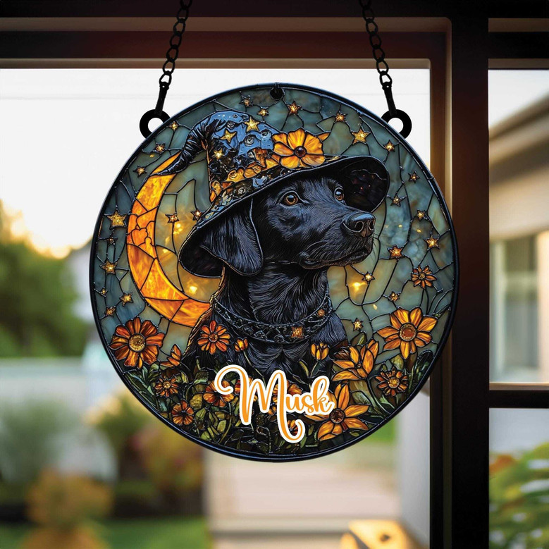 Personalized Halloween Dog Suncatcher With Witch Hat - Faux Stained Glass For Dog Lovers Decor