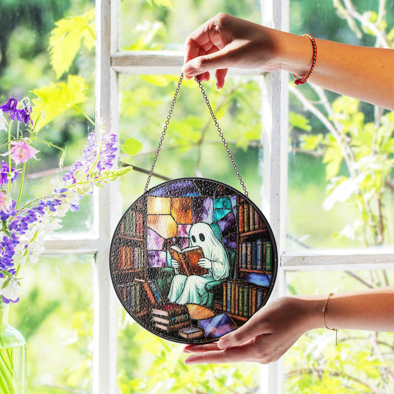 Ghost Reading Book Suncatcher For Halloween - Cute Spooky Library Window Hanging - Book Lover's Halloween Decor