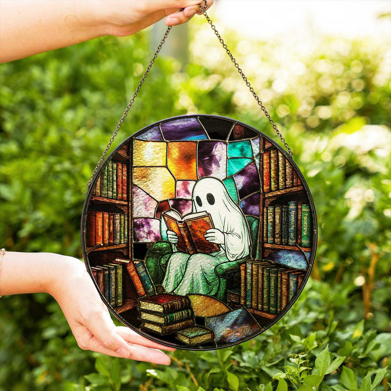 Ghost Reading Book Suncatcher For Halloween - Cute Spooky Library Window Hanging - Book Lover's Halloween Decor