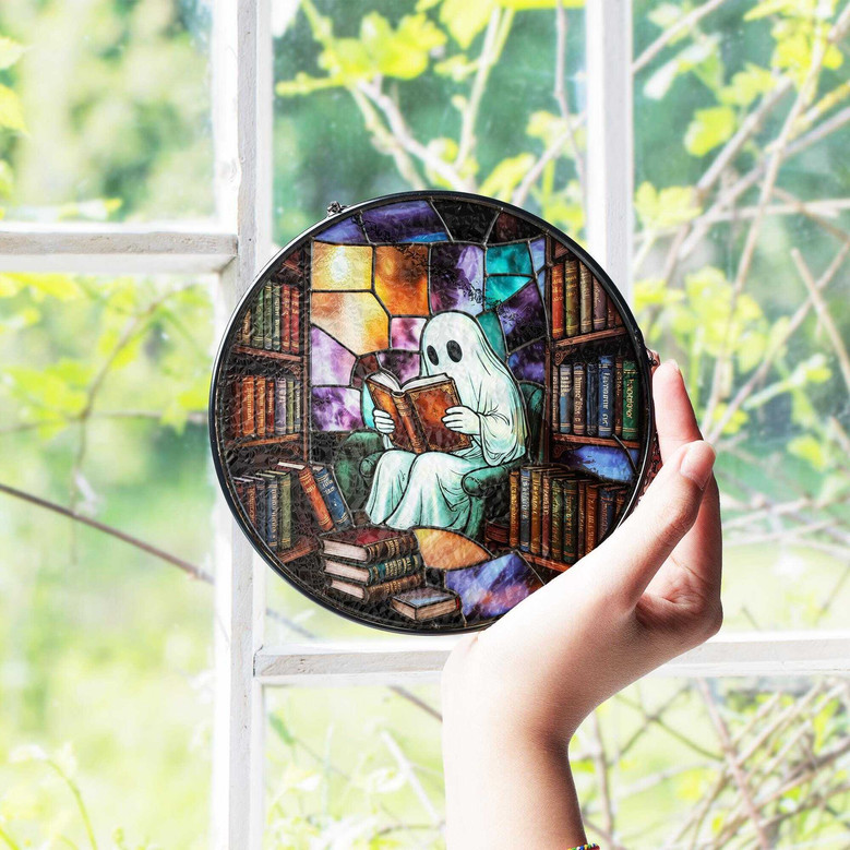 Ghost Reading Book Suncatcher For Halloween - Cute Spooky Library Window Hanging - Book Lover's Halloween Decor