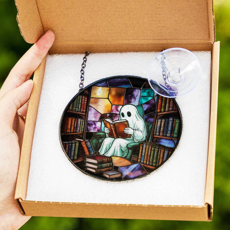 Ghost Reading Book Suncatcher For Halloween - Cute Spooky Library Window Hanging - Book Lover's Halloween Decor