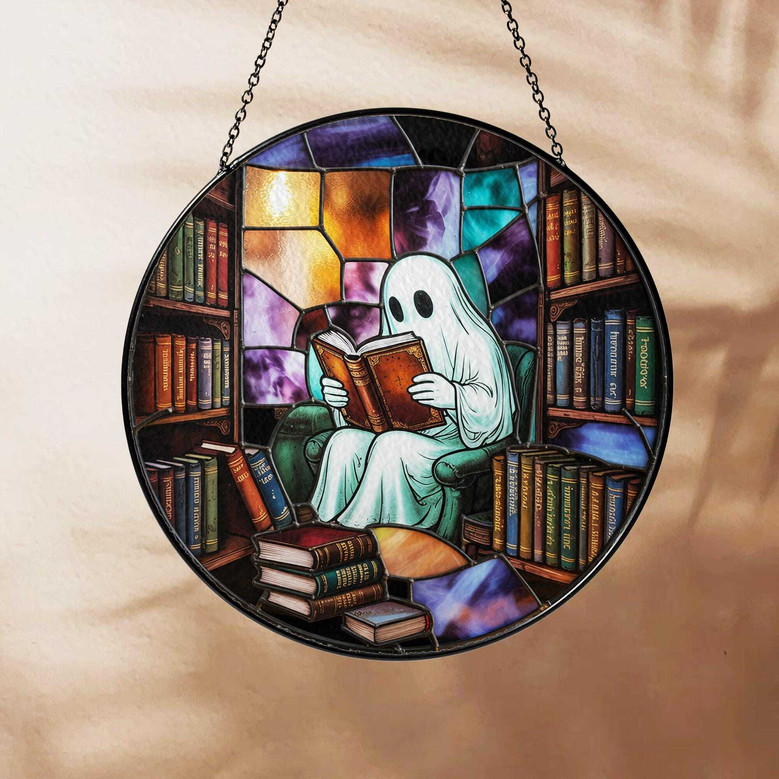 Ghost Reading Book Suncatcher For Halloween - Cute Spooky Library Window Hanging - Book Lover's Halloween Decor