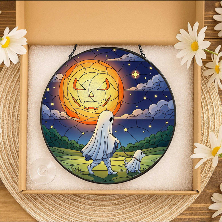 Charming Halloween Ghost Dog Stained Glass Suncatcher For Spooky Fall DéCor And Gifts