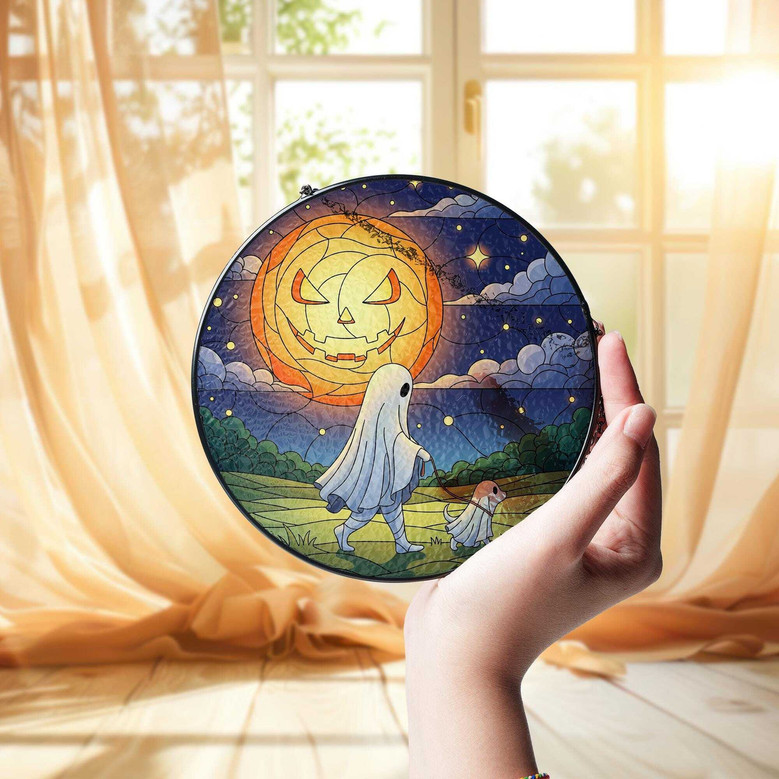 Charming Halloween Ghost Dog Stained Glass Suncatcher For Spooky Fall DéCor And Gifts