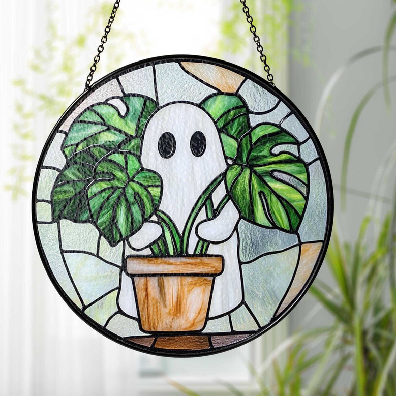 Cute Ghost And Monstera Stained Glass Suncatcher For Halloween - Gift For Plant Lovers And Mom