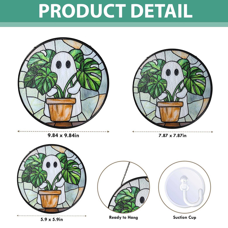Cute Ghost And Monstera Stained Glass Suncatcher For Halloween - Gift For Plant Lovers And Mom