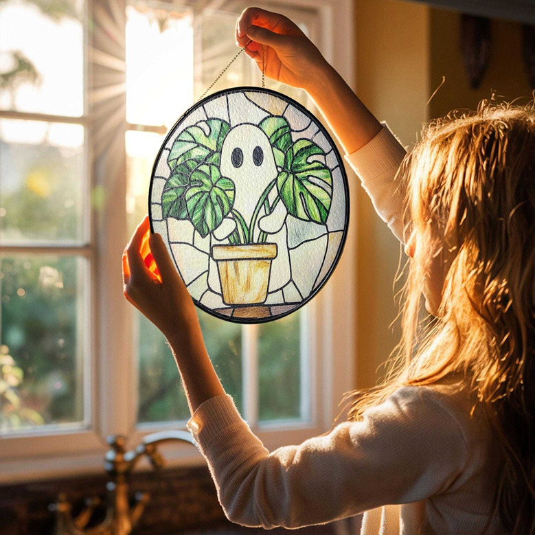 Cute Ghost And Monstera Stained Glass Suncatcher For Halloween - Gift For Plant Lovers And Mom