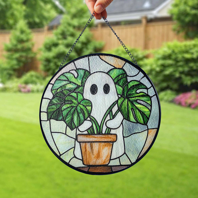 Cute Ghost And Monstera Stained Glass Suncatcher For Halloween - Gift For Plant Lovers And Mom