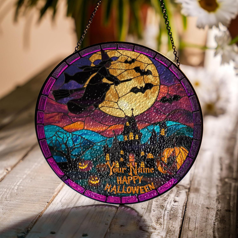 Personalized Halloween Witch Pumpkin Stained Glass Suncatcher For Window Decorations With Moon Castle Bat Pattern