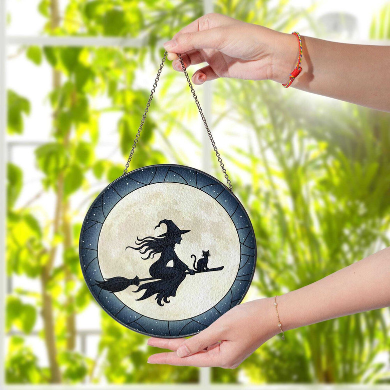 Gothic Witch And Cat Stained Glass Suncatcher - Halloween Window Art Hanging For Spooky DéCor