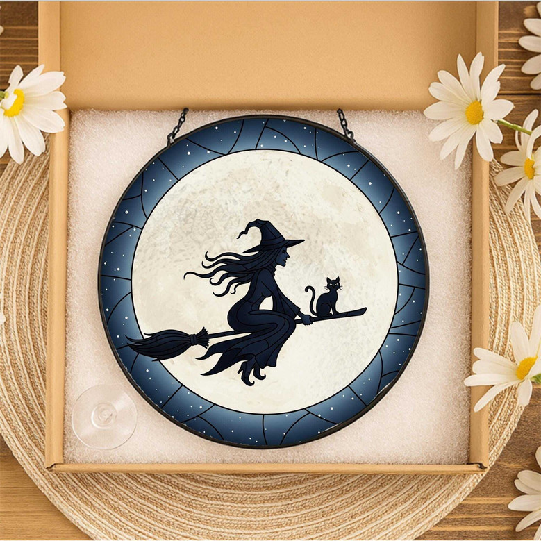 Gothic Witch And Cat Stained Glass Suncatcher - Halloween Window Art Hanging For Spooky DéCor