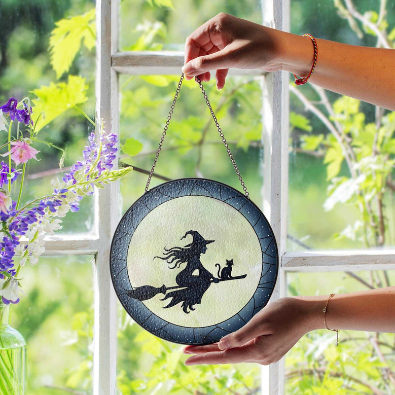 Gothic Witch And Cat Stained Glass Suncatcher - Halloween Window Art Hanging For Spooky DéCor