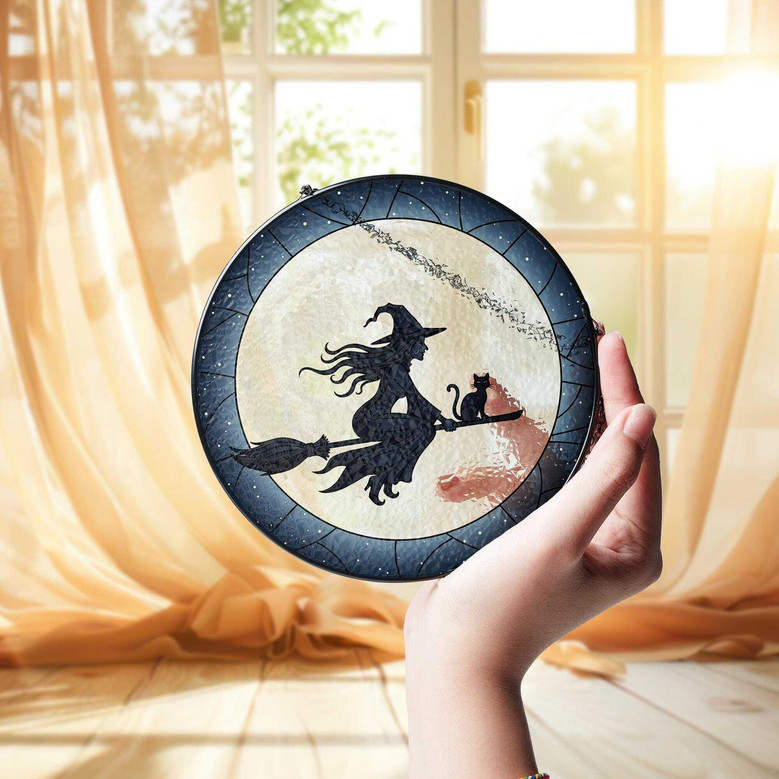 Gothic Witch And Cat Stained Glass Suncatcher - Halloween Window Art Hanging For Spooky DéCor