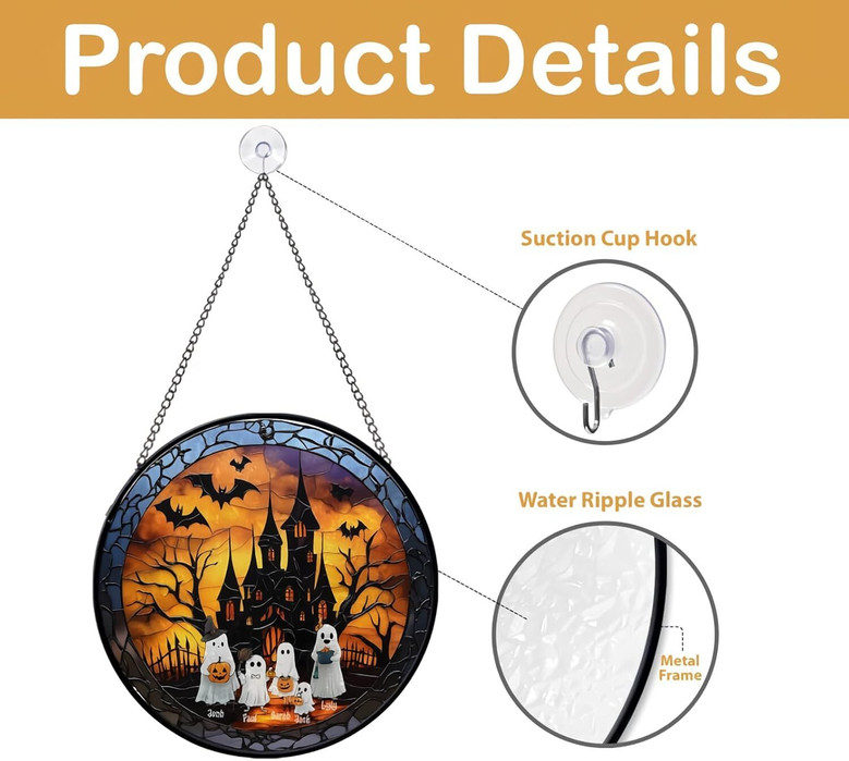 Spooky Halloween ghost family stained glass suncatcher, smoky gray and white glass, cozy kitchen window decor for fall