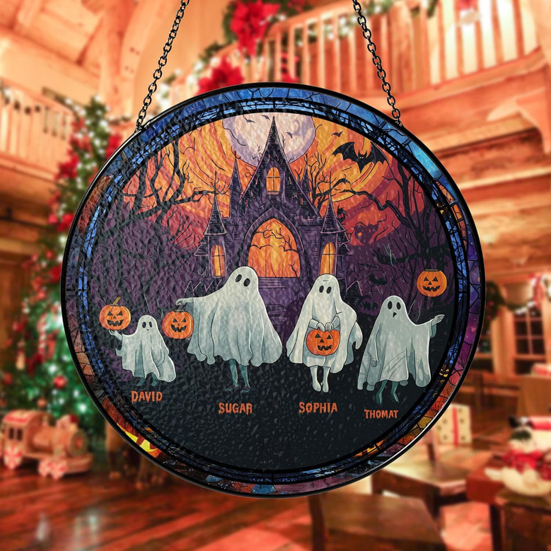 Ghost family stained glass window suncatcher for Halloween, custom number of ghosts, black lead lines, silver hanging chain