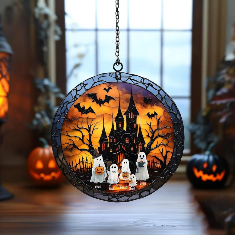 Spooky Halloween ghost family stained glass suncatcher for windows, fall-toned glass with vertical hanging panel