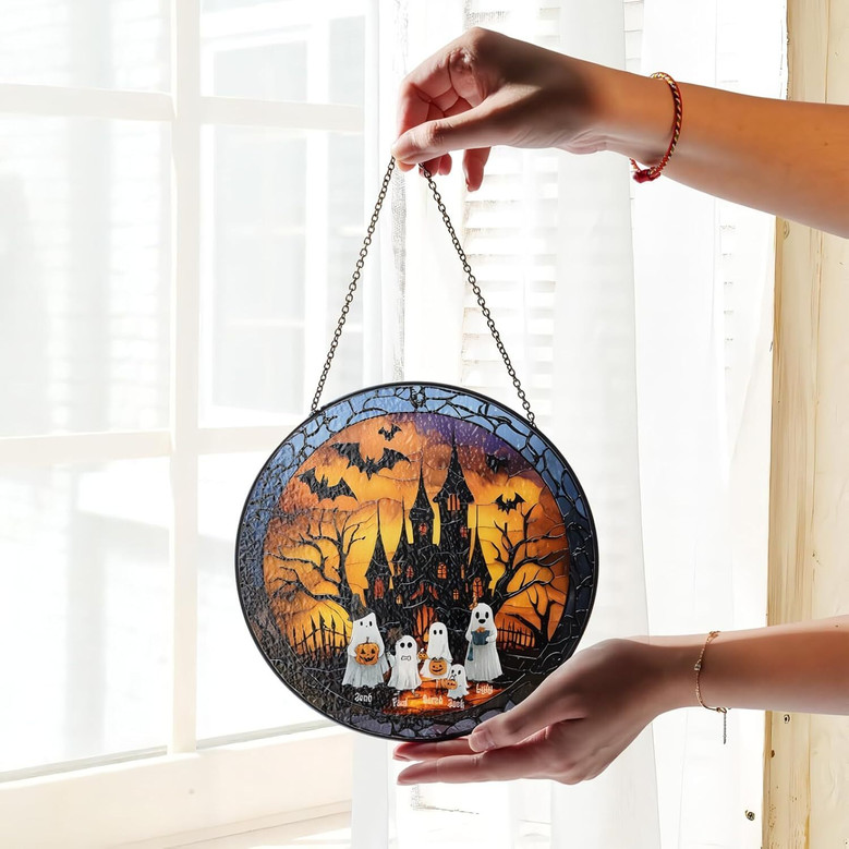 Spooky Halloween ghost family stained glass suncatcher for windows, minimalist black outlines, modern gothic fall home accent