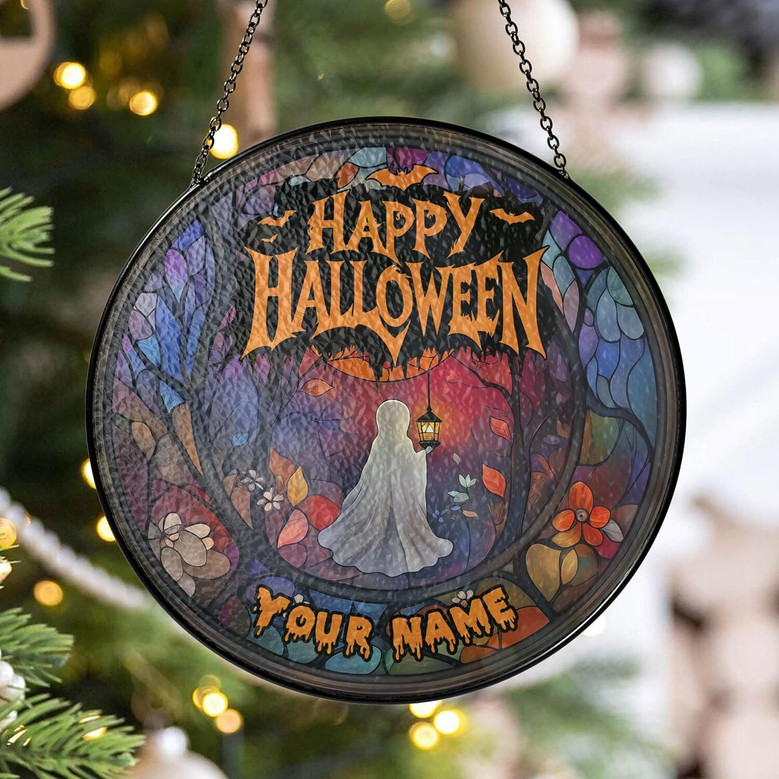 Ghost-Themed Halloween Bat Stained Glass Suncatcher For Home - Customizable Window Hanging Decoration