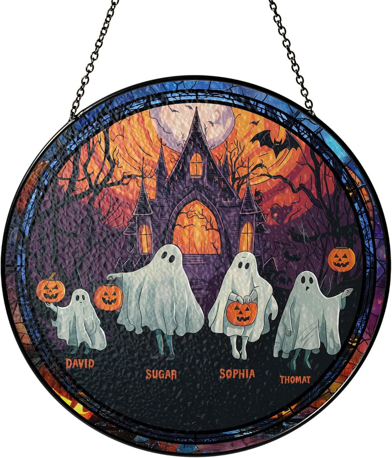 Halloween ghost family stained glass suncatcher, personalized family size, hanging window decor that sparkles in autumn sun