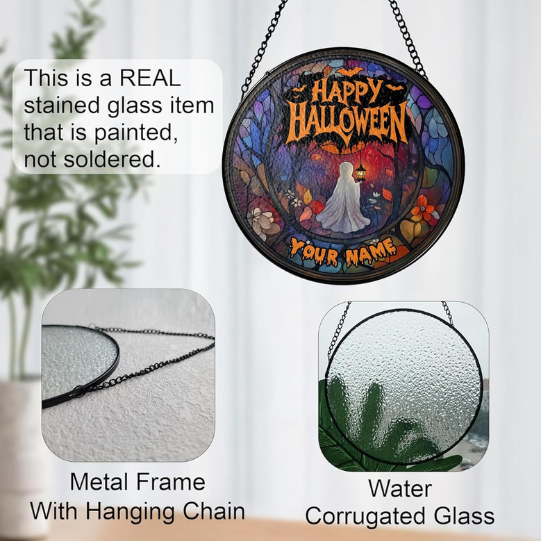 Ghost-Themed Halloween Bat Stained Glass Suncatcher For Home - Customizable Window Hanging Decoration