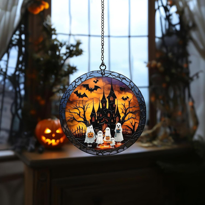 Spooky Halloween ghost family stained glass suncatcher for windows, orange and black accents, handcrafted fall window decor