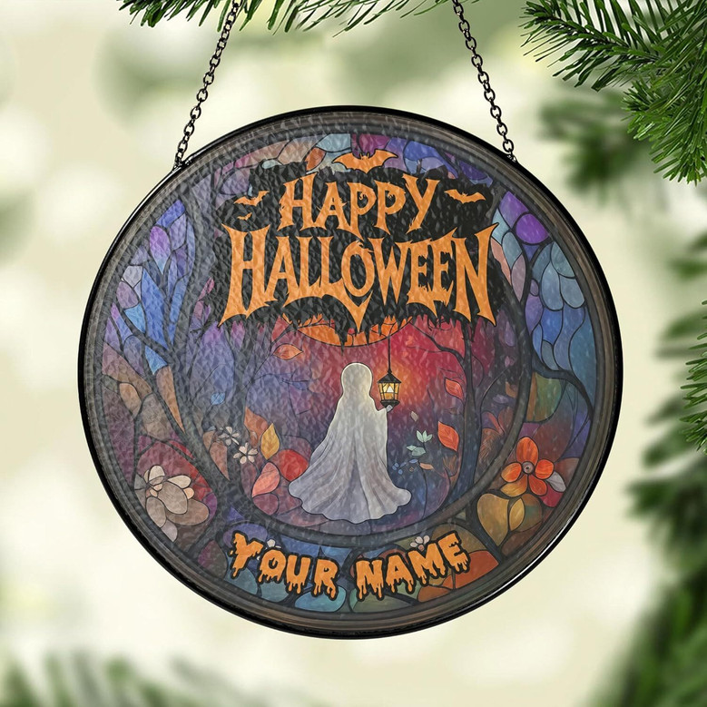 Ghost-Themed Halloween Bat Stained Glass Suncatcher For Home - Customizable Window Hanging Decoration