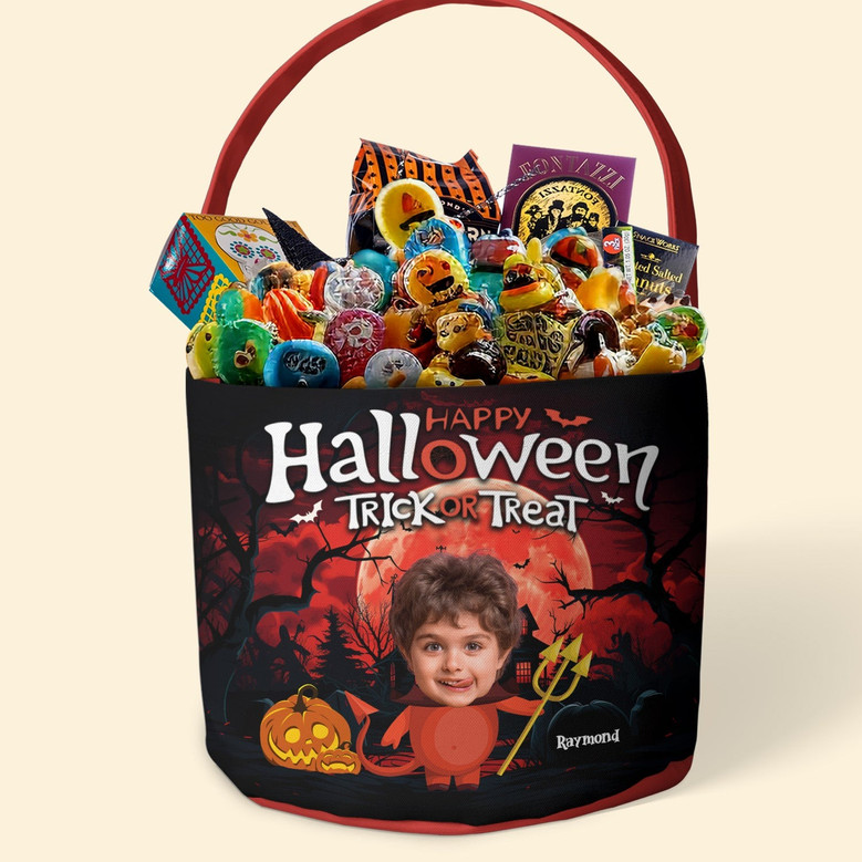 Personalized Halloween Candy Basket – Custom Trick or Treat Photo Bucket