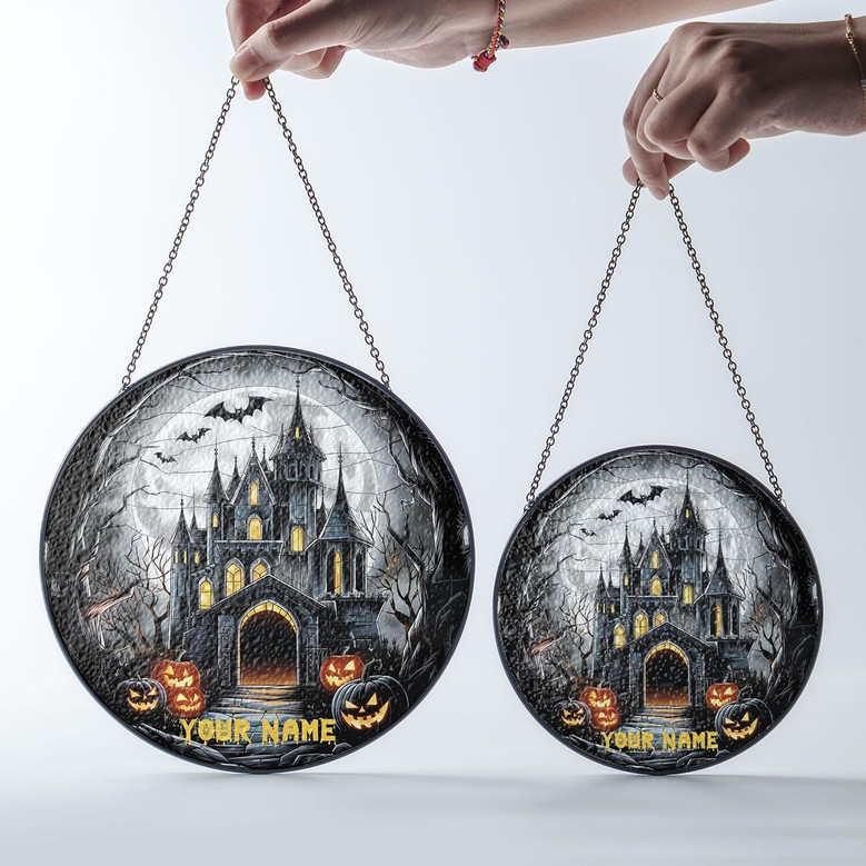 Halloween Ghost Family Stained Glass Suncatcher: Witch Pumpkin & Bat Window Decor For Halloween