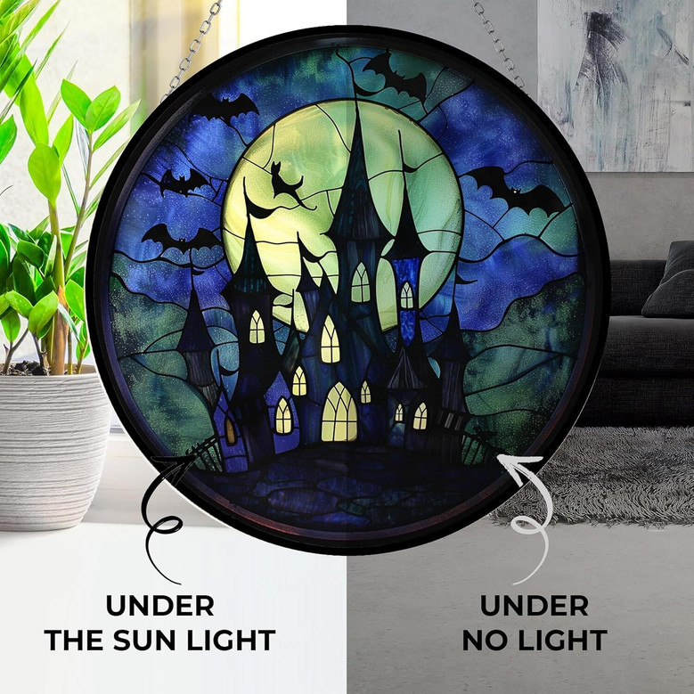 Spooky Haunted Castle Stained Glass Suncatcher - Personalized Halloween Window Decoration For Indoor Room