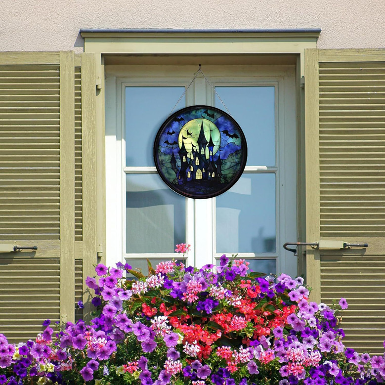 Spooky Haunted Castle Stained Glass Suncatcher - Personalized Halloween Window Decoration For Indoor Room