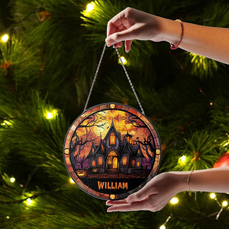 Hand Painted Personalized Halloween Suncatcher For Patio & Garden DéCor With Cat, Bat & Ghost Themes
