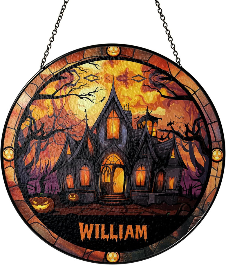 Hand Painted Personalized Halloween Suncatcher For Patio & Garden DéCor With Cat, Bat & Ghost Themes