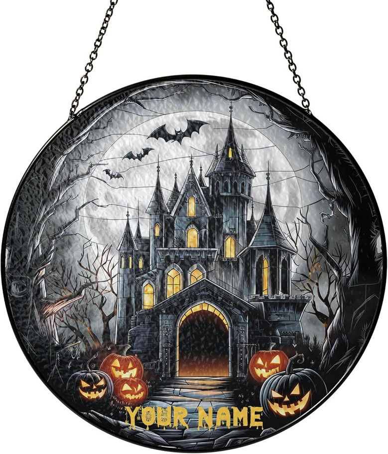 Personalized Halloween Suncatcher – Pumpkin & Haunted House Stained Glass Decor