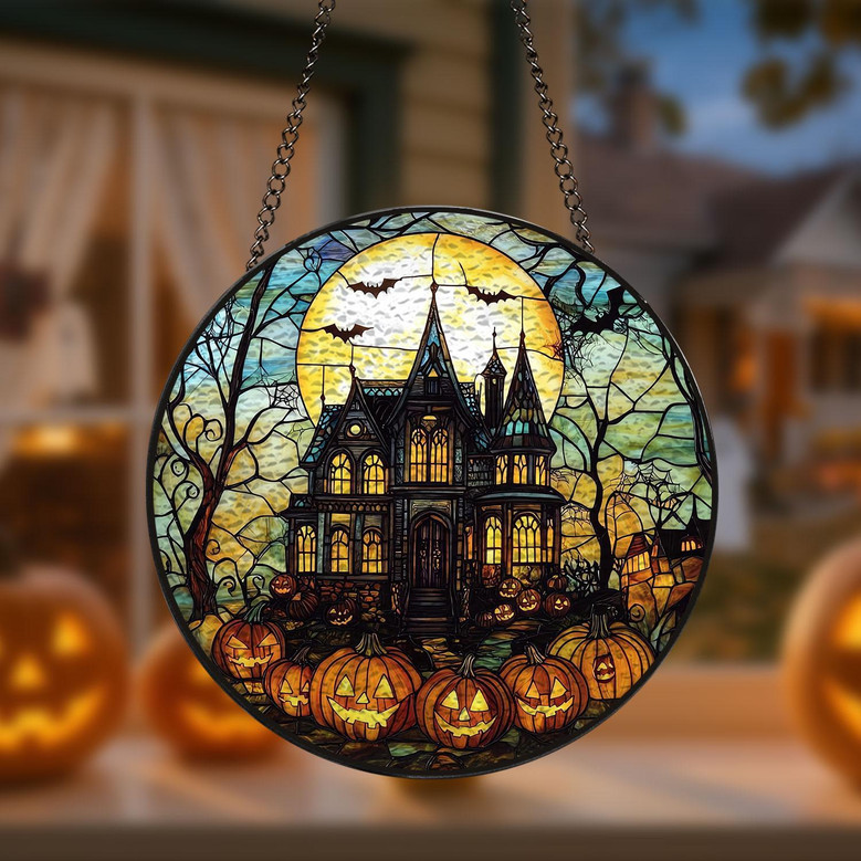 Spooky Pumpkin Haunted House Halloween Stained Glass Suncatcher For Home Decor