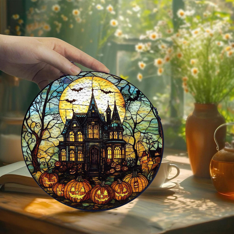 Spooky Pumpkin Haunted House Halloween Stained Glass Suncatcher For Home Decor