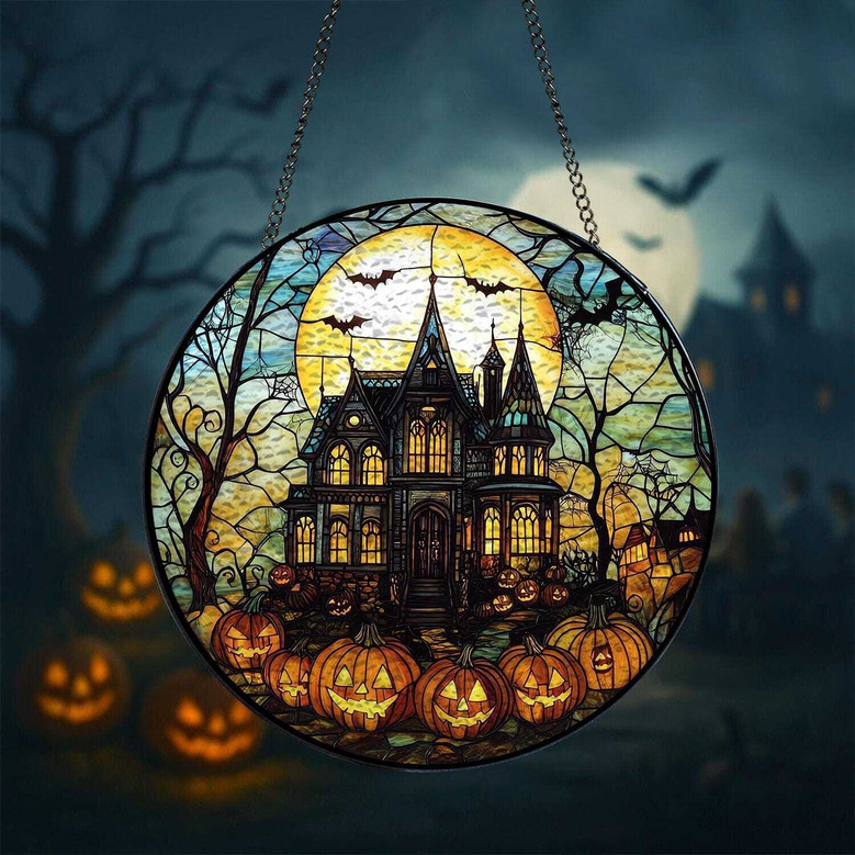Spooky Pumpkin Haunted House Halloween Stained Glass Suncatcher For Home Decor
