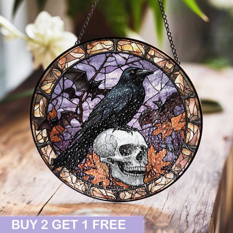 Raven Skull Halloween Stained Glass Suncatcher - Gothic Window Art For Spooky Fall DéCor And Horror Fans