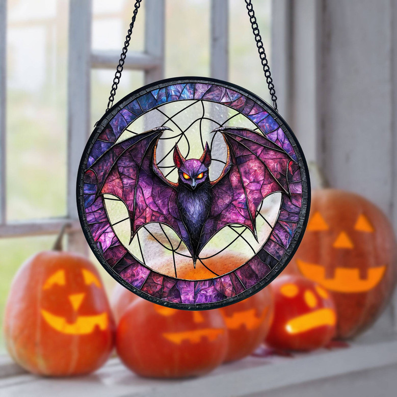 Spooky Bat Halloween Stained Glass Suncatcher For Gothic Decor Lovers