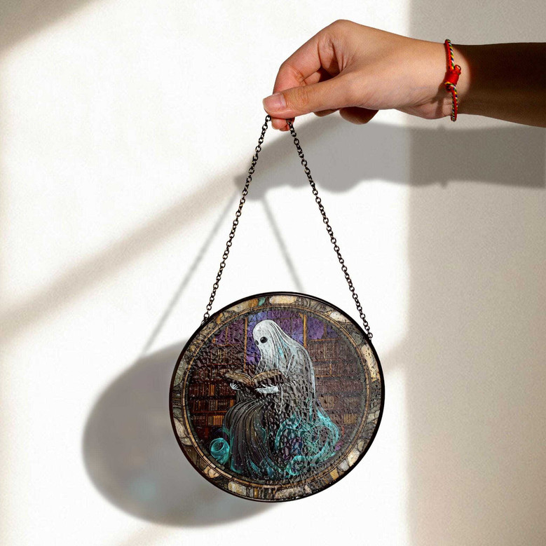 Spooky Ghost Reading Stained Glass Suncatcher - Halloween Library Art For Book Lovers