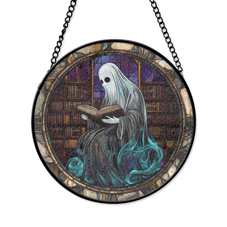 Spooky Ghost Reading Stained Glass Suncatcher - Halloween Library Art For Book Lovers