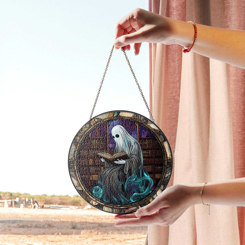 Spooky Ghost Reading Stained Glass Suncatcher - Halloween Library Art For Book Lovers