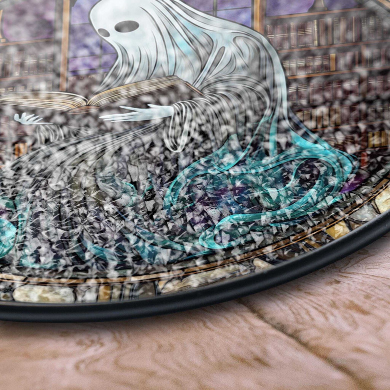 Spooky Ghost Reading Stained Glass Suncatcher - Halloween Library Art For Book Lovers